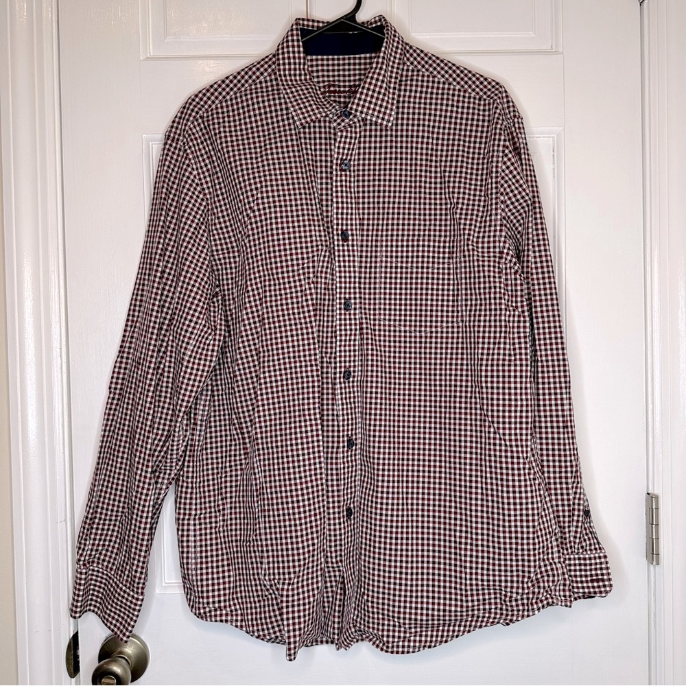 Tasso Elba Gingham Button Down Collared Dress Shirt in Red/White/Black - Large